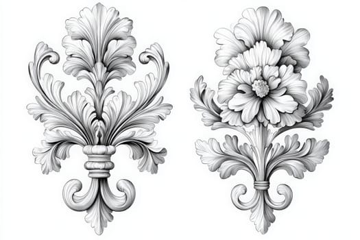 Two ornate designs feature delicate floral and leaf motifs rendered in black and white. The intricate patterns display graceful curves and elaborate textures, exemplifying ornate craftsmanship.