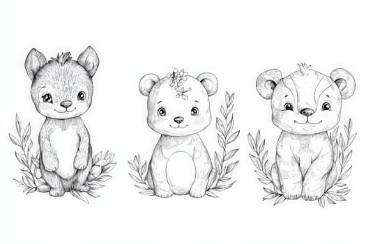 Three adorable animal characters are displayed, each with unique features and expressions. They are surrounded by leaves, perfect for childrens illustrations or crafts.