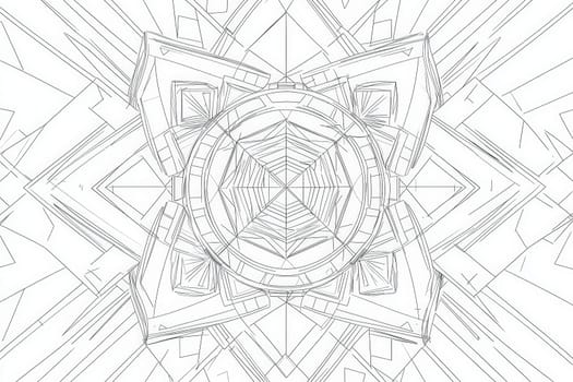 Complex geometric shapes intertwine to form a captivating, symmetrical design. This artwork features sharp lines and circular motifs, highlighting the blend of precision and creativity.