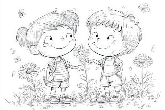 Two young children happily interact while standing in a garden blooming with flowers. They are smiling and sharing the moment, surrounded by greenery and nature.