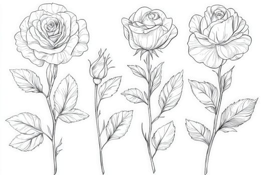 Four intricately detailed roses are depicted in a line drawing style, showcasing different stages of bloom. Each flower is accompanied by delicate leaves, highlighting natures beauty.