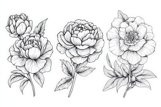 Delicate and detailed illustrations of peony flowers with varying stages of bloom and graceful leaves. The artwork showcases a blend of artistry and natures beauty in monochrome.