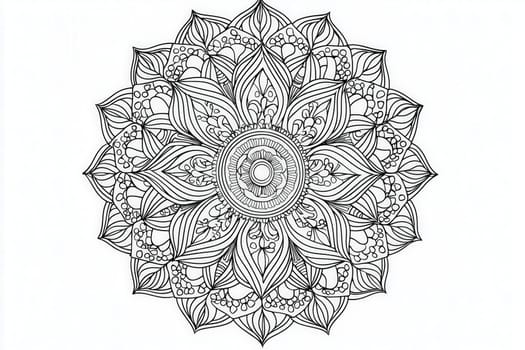A detailed mandala design showcases layers of floral patterns and symmetry. The black and white illustration invites creativity and relaxation through coloring or art projects.