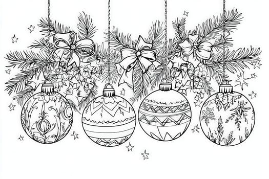 Four intricately designed Christmas ornaments dangle from a pine branch adorned with bows and holly. Stars fill the background, adding to the festive atmosphere.