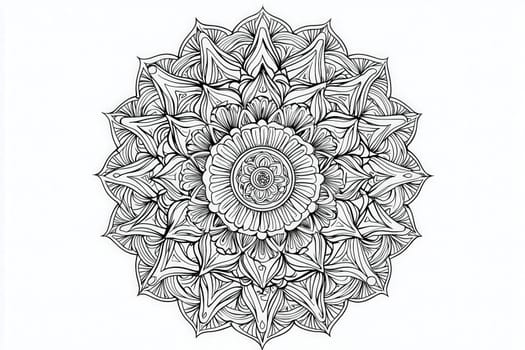 Complex mandala artwork showcases detailed floral and geometric patterns. This design is suitable for coloring, meditation, or as a unique decorative piece to enhance creativity and calmness.