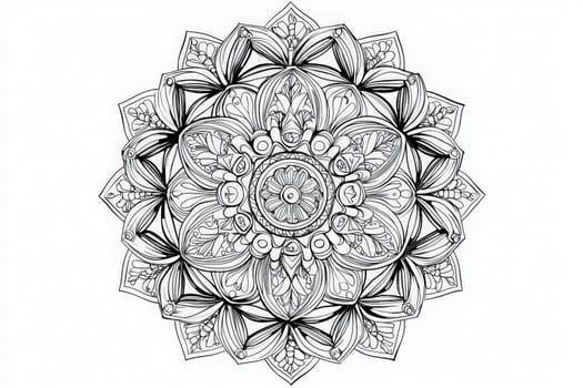 An elaborate mandala featuring numerous floral elements and geometric designs. The artwork highlights curves and symmetry, creating a visually captivating piece ideal for relaxation and creativity.