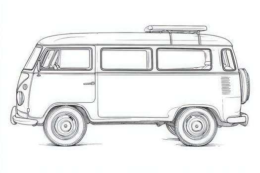A vintage van is depicted in a side view, showcasing intricate line art details. The vehicle features a surfboard rack, emphasizing a sense of adventure and travel.
