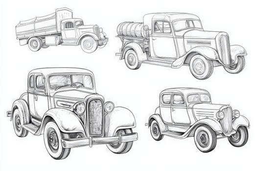Four vintage vehicles are depicted in detailed sketches, highlighting their unique features and classic styles.