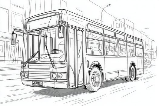 A city bus is making its way down a bustling street filled with buildings and activity. The bus features distinct windows and wheels, showcasing urban life.