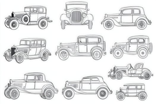 Detailed sketches of vintage cars illustrate various classic designs from the early 20th century. The artwork captures the unique characteristics and charm of these historic vehicles.