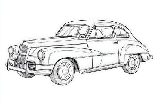 A detailed sketch of a vintage car from the 1940s, featuring elegant curves, round headlights, and a sleek body. The design captures the essence of classic automotive styling popular during that era.