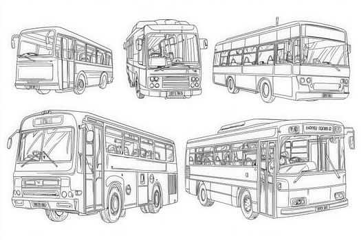 Line drawings of six distinct vintage buses showcase various designs and features. Each bus highlights classic styling, capturing the essence of public transportation history.