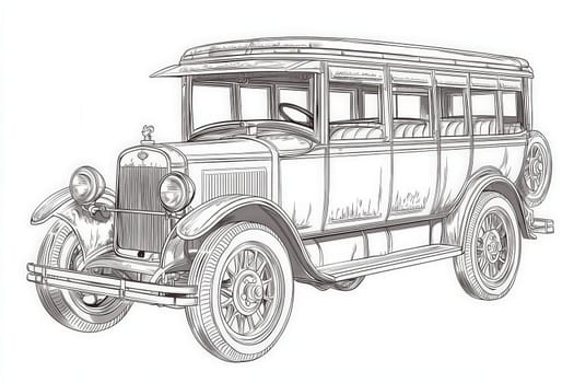 A detailed sketch of a vintage 1920s bus features rounded curves and ornate design elements. This classic vehicle highlights the craftsmanship of the era with its stylish wheels and spacious interior.