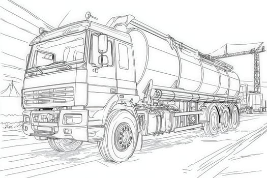A large tanker truck is parked near construction equipment, showcasing its cylindrical tank and multiple wheels. The environment is bustling with construction activity under a clear sky.