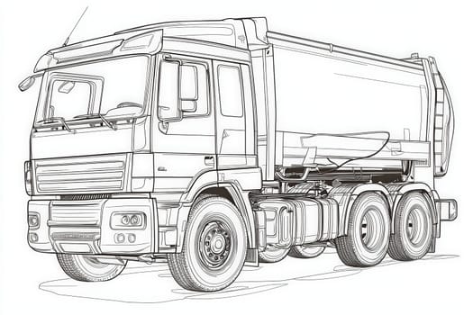 A line drawing of a garbage truck highlights its robust structure and features. The design captures the trucks large tires, cab, and rear-loading mechanism, emphasizing its utility.