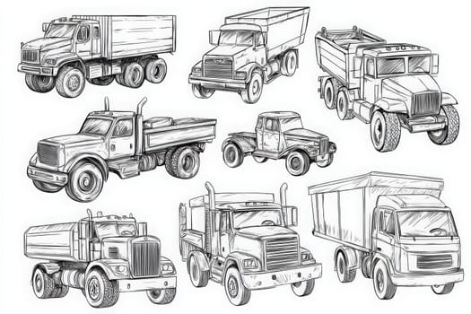 This collection showcases a variety of trucks, including dump trucks, flatbeds, and haulers. Each vehicle is intricately drawn, highlighting their unique features and designs.