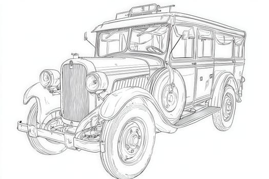 This artwork depicts a vintage car from the 1930s, showcasing its unique body style and intricate detailing. The vehicle is presented in a line-art style, emphasizing its classic features.