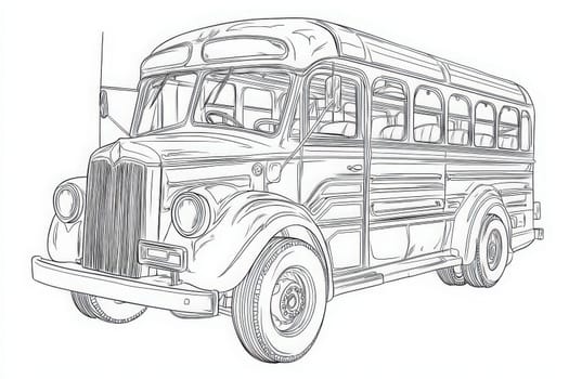 This artwork features a vintage bus, characterized by its distinct front grille, large windows, and retro styling. The bus is parked, highlighting its unique features and design elements.