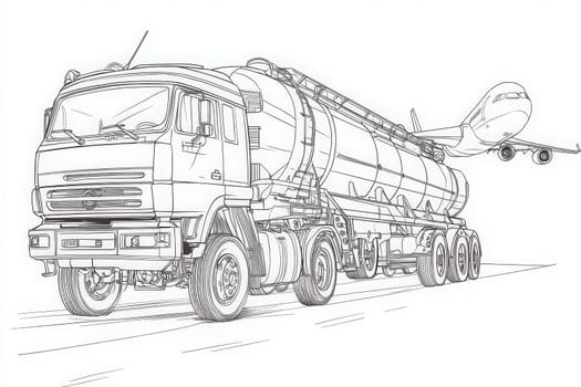 A cargo truck is positioned on the tarmac, with an airplane taking off in the background. The setting captures air transport activity under clear skies.