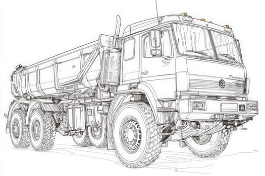 A large, heavy-duty truck equipped with a spacious cargo bed is parked in a construction area. The vehicle is designed for tough terrains and is essential for transporting materials.