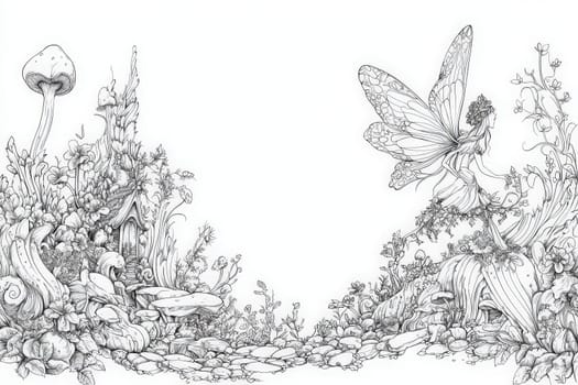 A fairy gracefully dances in a vibrant garden filled with numerous flowers, mushrooms, and whimsical details.