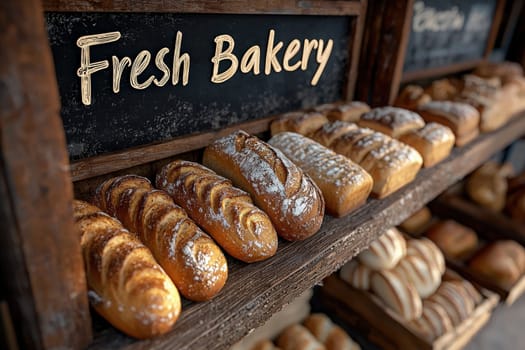 Shelves in a bakery hold a variety of freshly baked bread, featuring golden loaves with crusty exteriors. The rustic setting highlights the artisanal quality of the baked goods.