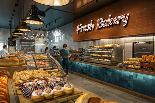 A modern bakery showcases a variety of freshly baked pastries and bread in a bright, welcoming space. Staff members assist customers, highlighting the busy yet inviting atmosphere.