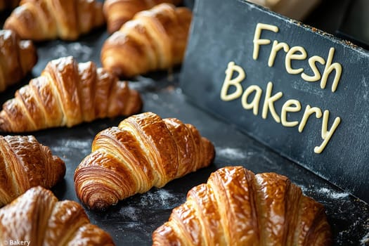 Golden brown croissants are artfully arranged on a dark surface, highlighting their flaky texture and warmth. A sign proclaims fresh bakery, inviting customers to enjoy the days offerings.