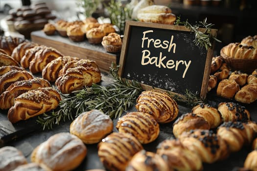 A lively bakery showcases an array of freshly baked goods, including croissants, rolls, and pastries, beautifully arranged on wooden trays, inviting visitors to indulge in their treats.