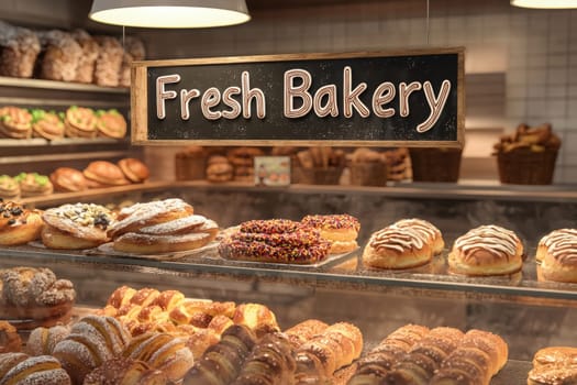 Shelves in a bakery showcase various fresh pastries and baked goods. Delicious treats including donuts, breads, and desserts are artfully arranged, creating an inviting atmosphere for customers.