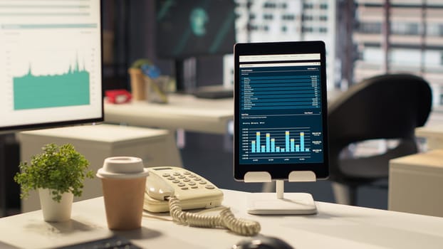 Empty high end office workspace with advanced technology to enhance efficiency, helping business professionals focus on financial strategies. Global enterprise success objectives.