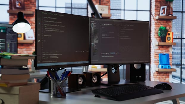 Empty AI tech agency office providing custom software development services. Technology venture workspace using machine learning to streamline coding process in startup office, handheld camera shot