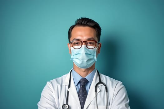 A doctor wearing a white coat and a protective mask looks directly at the camera with crossed arms. The background is a calming teal color. Generative AI.