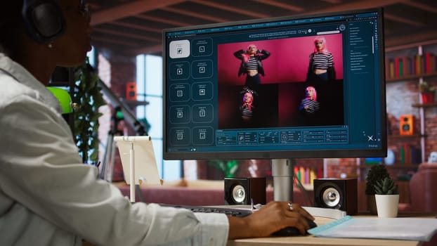 Woman in home office using AI software turning text prompt into photos. Person in apartment using text to image artificial intelligence generator transforming words into pictures, camera A