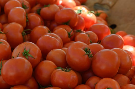 Vibrant red tomatoes, freshly harvested, fill a wooden crate at a bustling farmer's market, attracting enthusiastic visitors on a sunny summer day. The aroma of fresh produce fills the air.