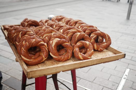 Freshly baked turkish simit selling at street ,