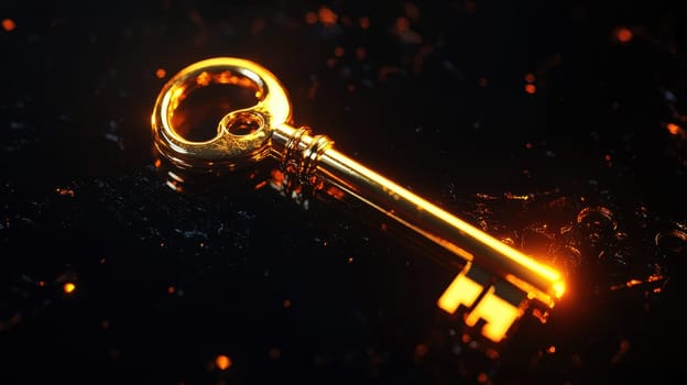 An intricate golden key glowing warmly, surrounded by floating magical lights, set against a dark and mystical background..
