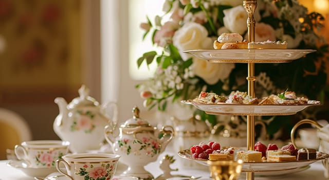 Elegant table setting for tea party with cakes and cupcakes in English manor. Selective focus. Vintage style