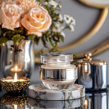 Cosmetic cream in a glass jar. Skin care concept. Background for beauty products