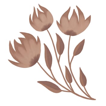 Hand drawn illustration of mocha mousse beige brown flowers leaves branch in curved modern shape outline. Minimalist floral garden design, bloom for cards invitations, elegant foliage plant nature concept