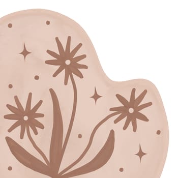 Hand drawn illustration of mocha mousse beige brown flowers leaves branch in curved modern shape outline. Minimalist floral garden design, bloom for cards invitations, elegant foliage plant nature concept