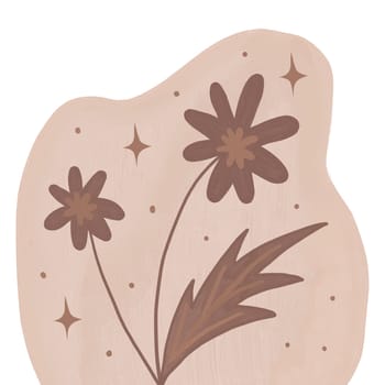 Hand drawn illustration of mocha mousse beige brown flowers leaves branch in curved modern shape outline. Minimalist floral garden design, bloom for cards invitations, elegant foliage plant nature concept
