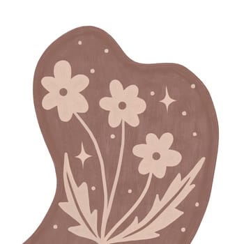 Hand drawn illustration of mocha mousse beige brown flowers leaves branch in curved modern shape outline. Minimalist floral garden design, bloom for cards invitations, elegant foliage plant nature concept