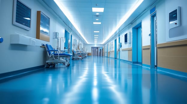 Modern hospital corridor with medical equipment, conveying a sense of readiness and anticipation