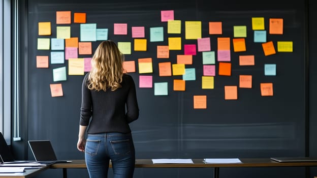 Businesswoman analyzing project plan using colorful sticky notes in modern office