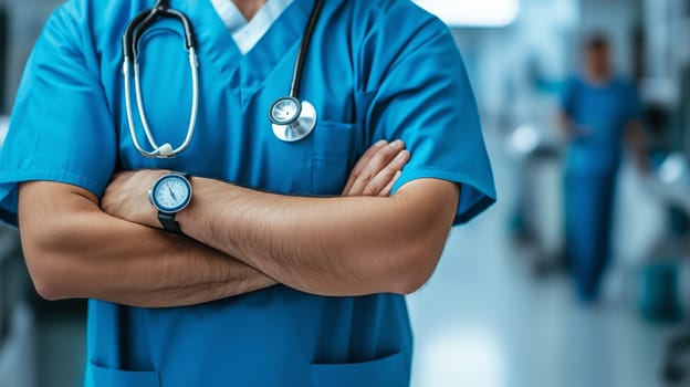 Confident surgeon standing with arms crossed in hospital corridor, wearing blue scrubs, stethoscope, and watch, demonstrating professionalism and readiness