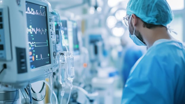 Medical professional wearing surgical mask and cap concentrating on intravenous drip and vital signs monitor during surgery
