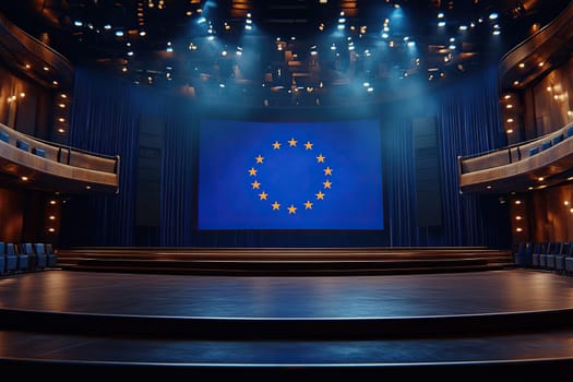 Empty stage with screen with european union flag in background