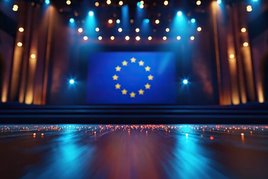 Wooden display platform with blurred background of eu flag in the background.