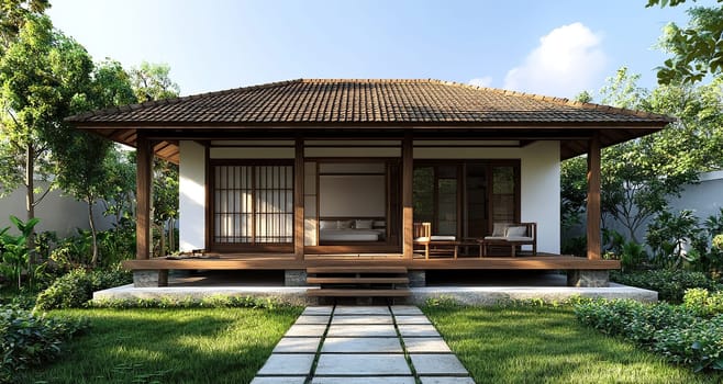 A small one-story house in the style of a hipped roof, a wooden frame and white walls. Wooden veranda overlooking the garden.